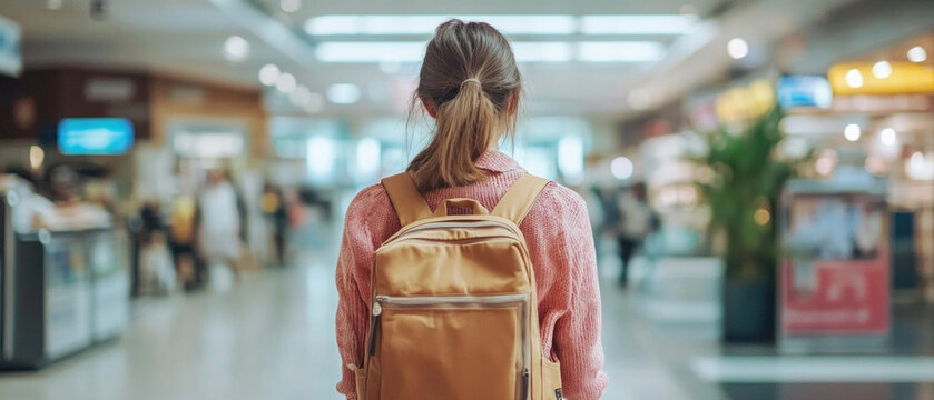 A girl with a backpack heads to a bright airport, embodying dreams of new adventures, suitable for the main background of travel blogs and travel advertising.