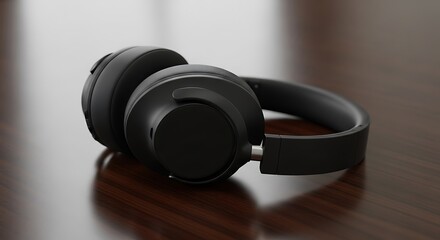 Black over ear headphones resting on a polished dark wood surface with soft lighting audio sound