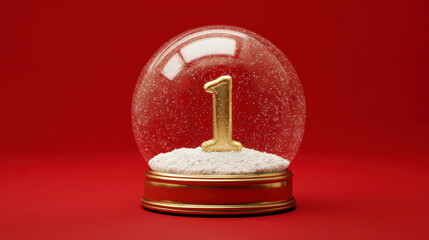 Snow globe with golden number 1 resting on snow against a vibrant festive red background. 12 days of christmas
