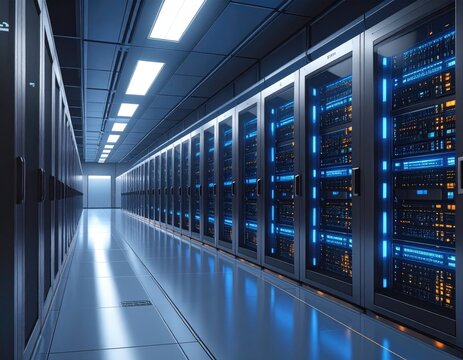 Data center aisle, rows of servers with blue lights