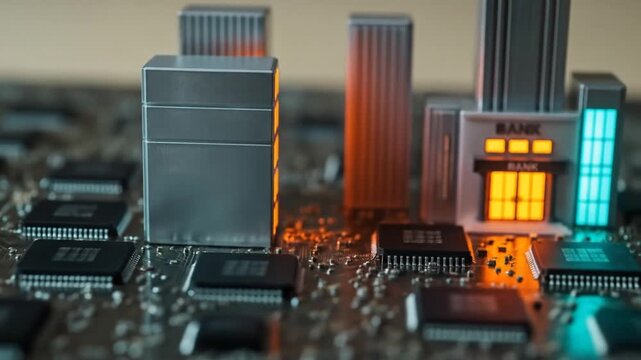 Close-up of a futuristic circuit board with glowing orange and cyan modules and microchips, radiant