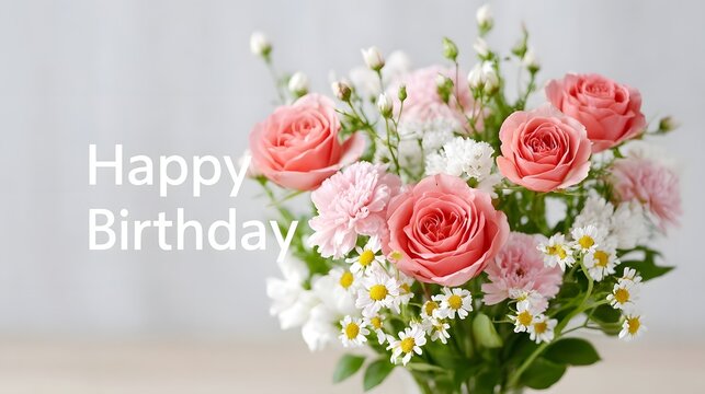 A vibrant bouquet of soft pink roses carnations and delicate white and yellow flowers arranged for a joyous Happy Birthday celeb n set against a subtle background