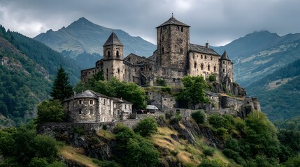 Naklejka premium Medieval stone castle perched on green hill with layered mountain range in background and dramatic cloudy sky showing historic fortress view.