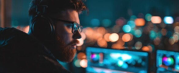 The streamer immersed in neon lit studio concentrating on dual monitors during late night gaming