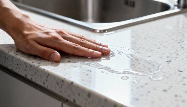 Closeup of a hand applying antimicrobial coating on a kitchen countertop highlighting hygiene and protection against bacteria in food preparation areas.