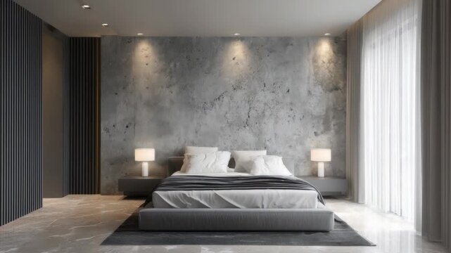 Minimalist Bedroom Interior with Concrete Wall Accent Platform Bed Gray Bedding White Pillows and Nightstands Under Warm Spotlights Near White Curtains Adobe Stock Photo