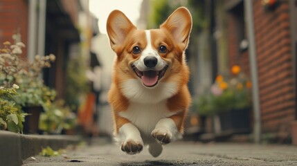 A joyful corgi happily runs across the pavement, emphasising the dynamism of city life, ideal for an atmospheric backdrop for advertising an active lifestyle.