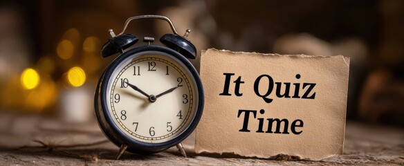 The alarm clock on a wooden table beside a quiz time sign