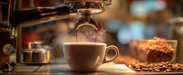 The Espresso Cup Receiving Freshly Brewed Coffee from a Professional Machine Surrounded by Beans