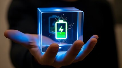 A glowing cube with a battery symbol and lightning bolt hovers above a person's open palm