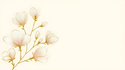 Elegant watercolor illust n of blooming magnolia flowers featuring intricate gold outlines and subtle pink hues on a serene cream backdrop evoking natural beauty