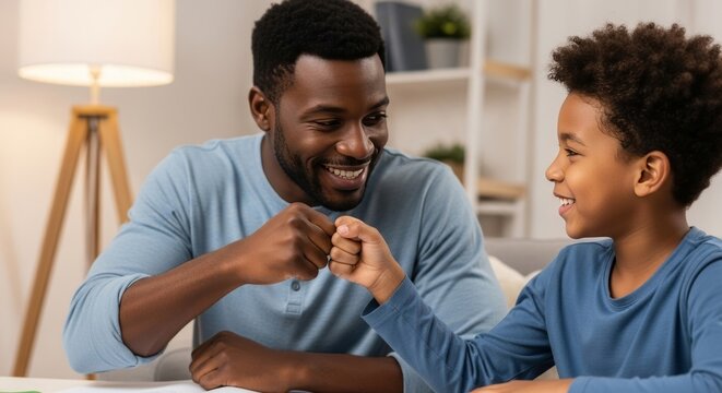 Black father and son in casual clothing fist bump at home, showing relationship and support. Father & child indoors at a desk smiling and bonding.