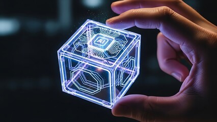 Human hand gently holding a glowing transparent cube embedded with advanced AI circuitry, symbolizing innovation, data processing, and the future of digital technology and intelligent concepts