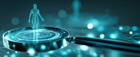 The Magnifying Glass Revealing a Holographic Human Figure Over Digital Network Background