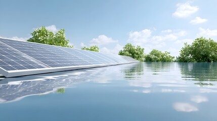 Modern solar panels are integrated with a reflective water surface mirroring the tranquil sky and surrounding greenery symbolizing a commitment to sustainable energy and ecological advancement