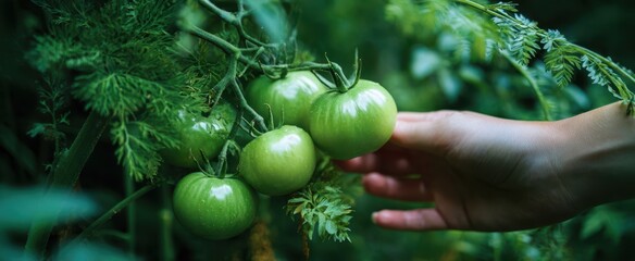 The tomatoes on the vine being gently picked by a gardener's hand