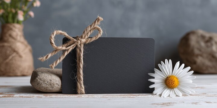 A blank gift card mockup that looks like a miniature chalkboard, with a small, natural twine ribbon. It rests on a clean white wooden counter