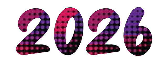 Vibrant 2026 New Year celebration design with eye-catching halftone pattern for futuristic events and digital marketing campaigns, promising innovation and progress