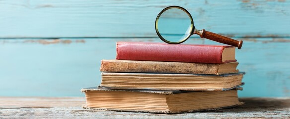 The Books and Magnifier on Weathered Wooden Table Evoke Vintage Study and Curiosity