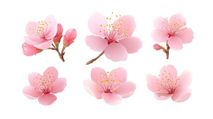 A collection of exquisite pink cherry blossoms and unopened buds scattered on light brown branches against a stark white backdrop capturing the essence of springtime flora and delicate beauty
