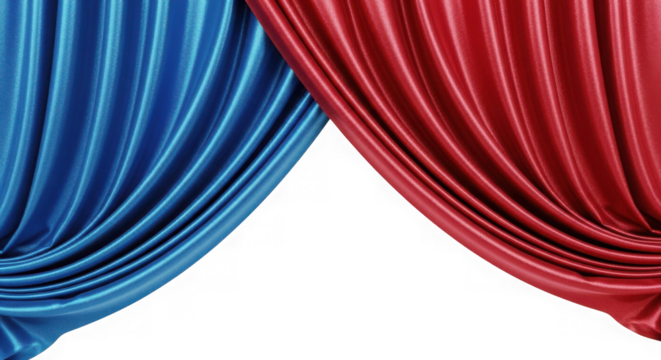 Draped red and blue fabric curtains isolated on transparent background