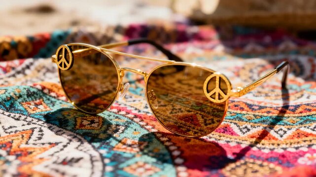 Gold peace sign sunglasses resting on colorful patterned fabric  
