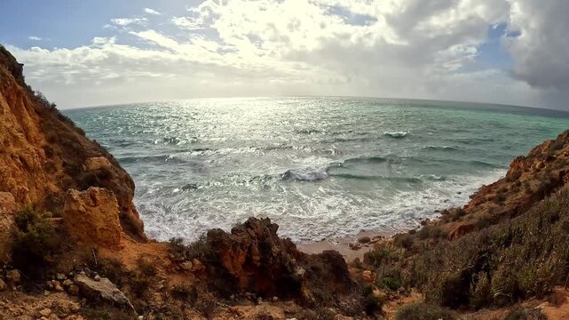 Static Horizon Footage of Coast Beach Wave Ocean View from Cliffs Ponta da Piedade Lagos Algarve Southern Portugal Fish Eye Video