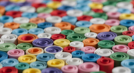 Close up macro view of colorful paper quilling coils arranged in a vibrant abstract pattern for a creative arts and crafts background