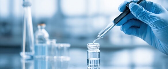 The pipette adding liquid into a small glass vial in laboratory research setting