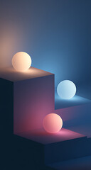 A close-up of three soft glowing spheres placed