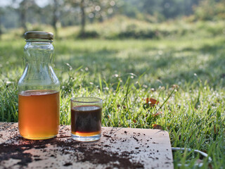Making fresh coffee mixed with wild honey in a black coffee pot on the grass in the warm morning light.
