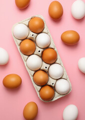 fresh farm chicken eggs on a colored background. Vertical photo format