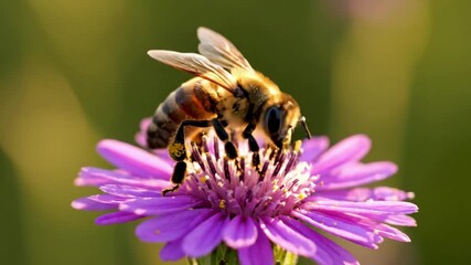 A solitary honey bee meticulously gathering nectar and pollen from vibrant, dew kissed petals, showcasing intricate natural patterns and textures. close up, detailed, scientific