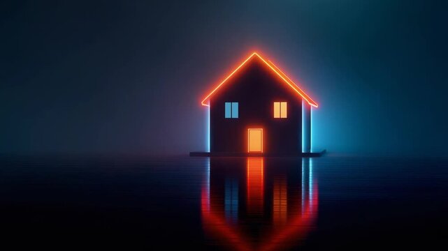 Geometric House Shape Outline with Glowing Neon Lights on a Reflective Surface in a Dark Room Creating an Eerie Ambient Light Perfect for Adobe Stock