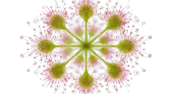 Intricate ro photograph of a delicate sundew plant s blooming structure featuring sticky tentacles vibrant pink and green hues and shimmering dew drops forming a symmetrical natural pattern