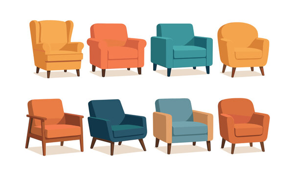 Colorful armchair collection, furniture set, seating options, flat vector illustration