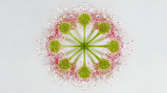 Close up top view of a sundew plant s radial flower highlighting its intricate structure of green centers pink tentacles with glistening dew set against a minimalist bright background