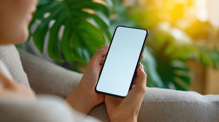 Close-up of a person holding a smartphone with a blank white screen for mockup usage, relaxing indoors in warm sunlight near tropical plants.