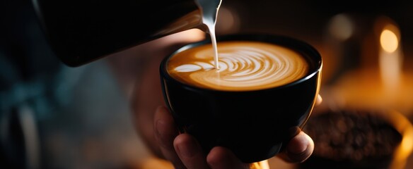 The Latte Cup Being Poured To Create Swirled Latte Art In Warm Cafe Lighting