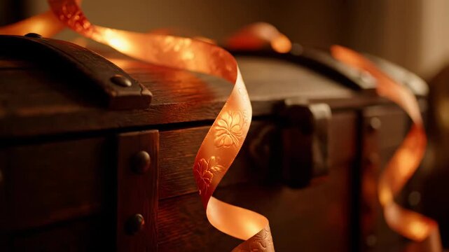 Old wooden chest decorated with an elegant ribbon, close-up shot