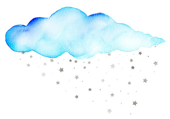 Soft Watercolor Cloud With Silver Stars, Holiday PNG Design, Original design, Hand drawn Watercolor cloud, NOT AI © bsilvia