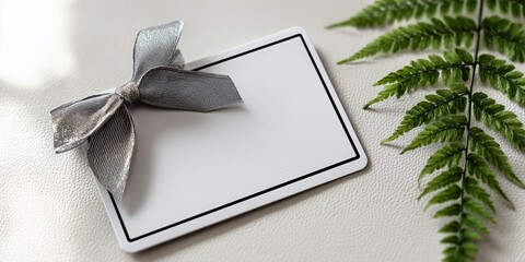 A close-up of a blank gift card mockup with a black foil stamped border, tied with a small, elegant silver wired ribbon. It rests on a clean white leather surface next to a small, deep green fern