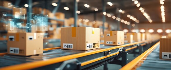 The cardboard box on a conveyor in a modern automated warehouse fulfillment center