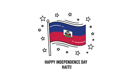 A line art illustration of the Haitian flag waving, surrounded by stars, celebrating Haiti's Independence Day with text.