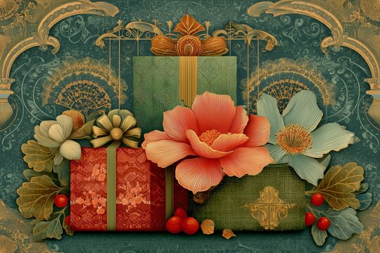 Stylized Art Nouveau gift boxes with elegant ribbons and blooming flowers in ornate vintage frame. Decorative retro floral illustration background for luxury birthday, wedding or holiday celebration