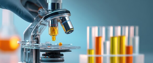 The microscope focusing a golden liquid droplet over test tubes in scientific laboratory