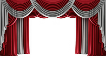 Elegant red and white theater curtains with swags isolated on transparent background