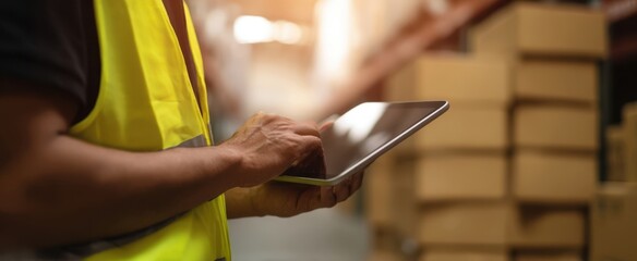 The Warehouse Worker Using a Tablet to Manage Inventory in a Busy Distribution Center