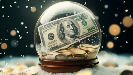 Dollar bill and golden coins inside a snow globe, symbolizing wealth prediction, investment, and economic future on a snowy surface