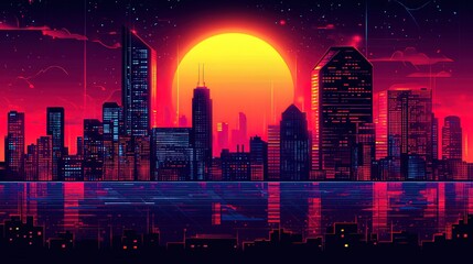Obraz premium Neon - Lit City Skyline at Sunset with Starry Sky and Water Reflection